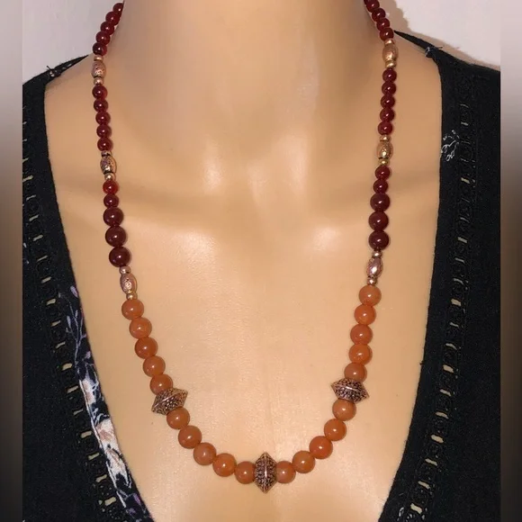 🔴SOLD🔴Graduating Antique Gold Garnet Orange Aventurine Boho Necklace by JM - Picture 2 of 11